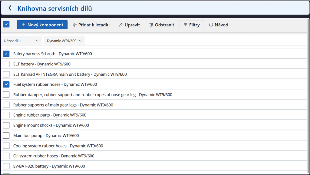 FlightClub checklist rozhraní